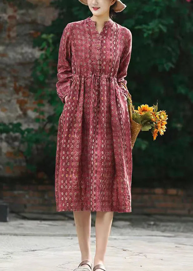 Red Stand Collar Drawstring Print Linen Dress Long Sleeve
