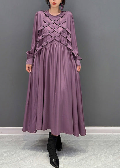 Italian Purple O-neck Wrinkled Button Maxi Dresses Spring