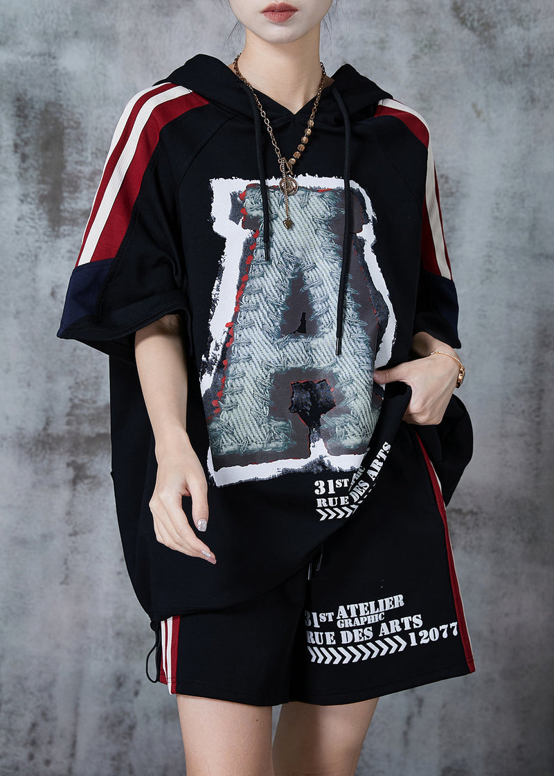 Black Oversized Print Cotton Sweatshirt Two Pieces Set Summer