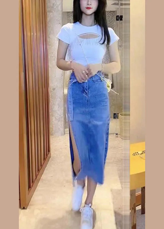 Blue Patchwork Sashes Side Open Denim Maxi Skirt