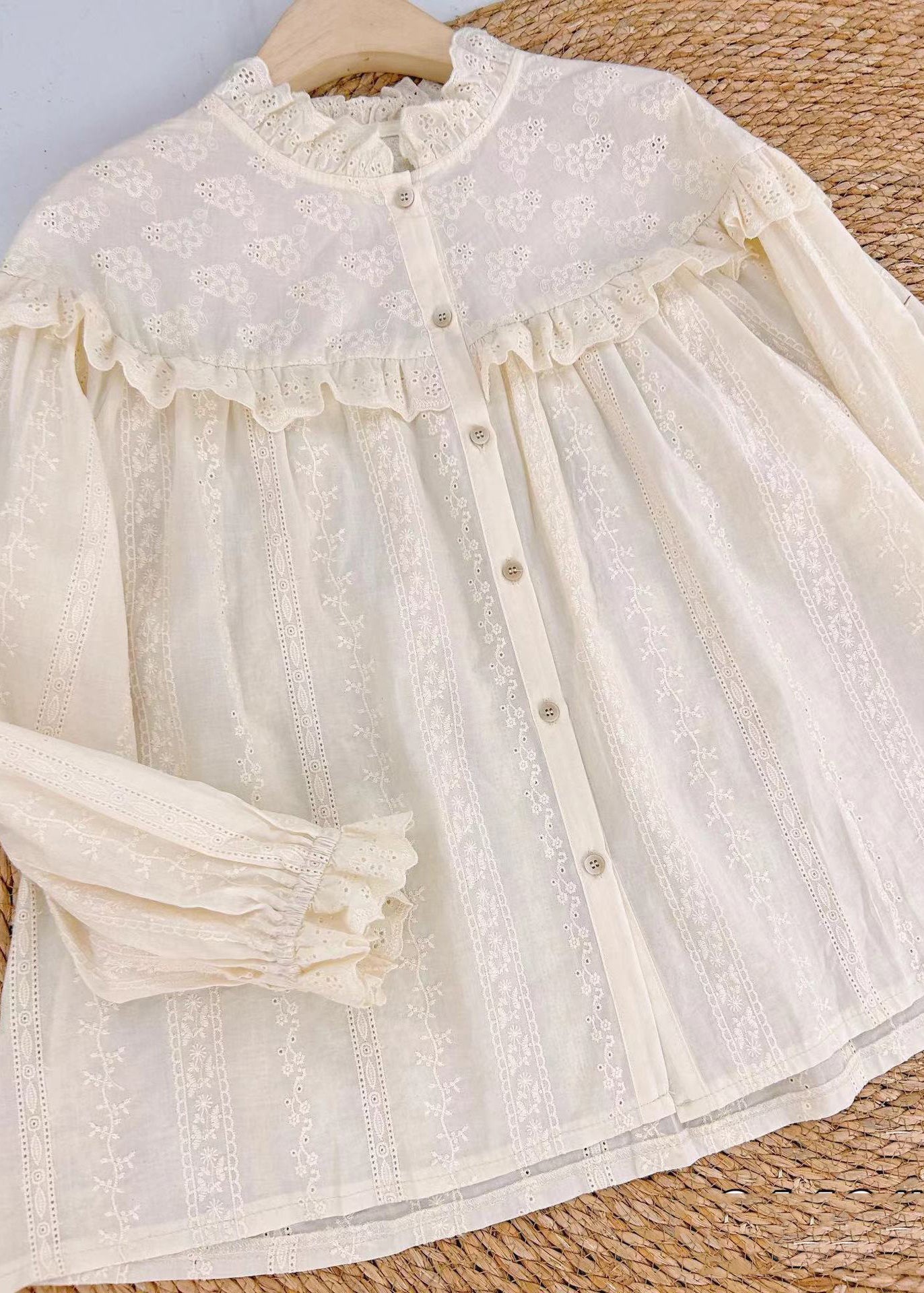 Beige Embroidered Hollow Out Cotton Blouse Spring
