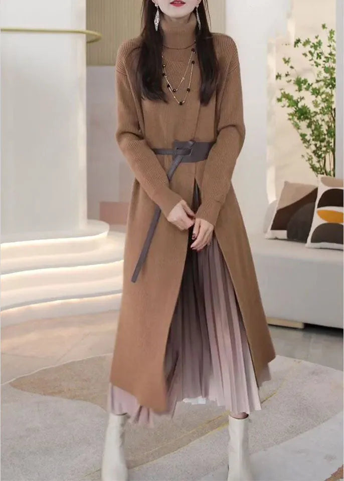 Khaki Hign Neck Patchwork Front Side Open Knit Knit Dress Winter