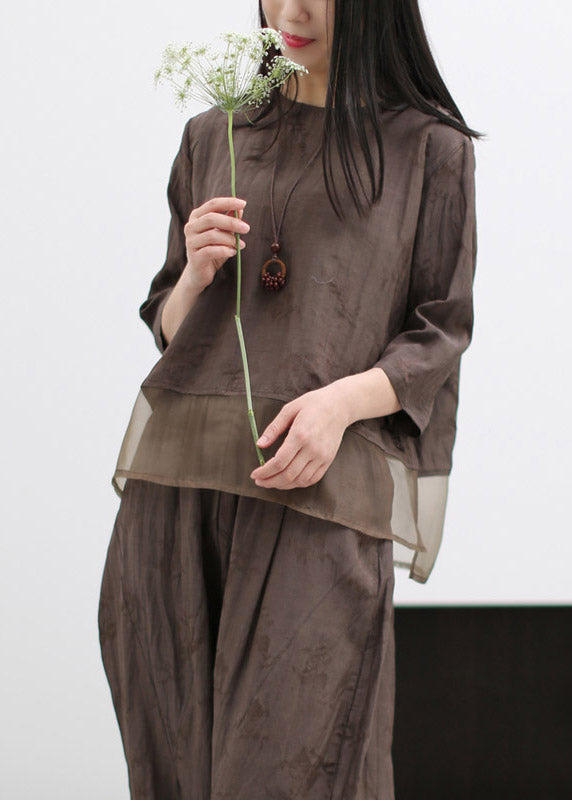 Chocolate O-neck Silk Patchwork Linen Shirts and Wide Leg Pants Two Pieces Set Spring