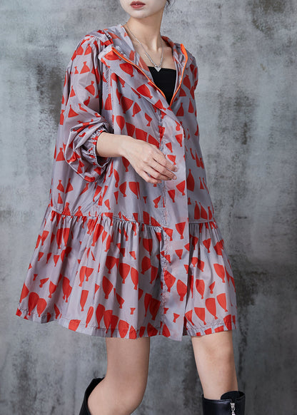 Red Hooded Print Spandex Coats Fall