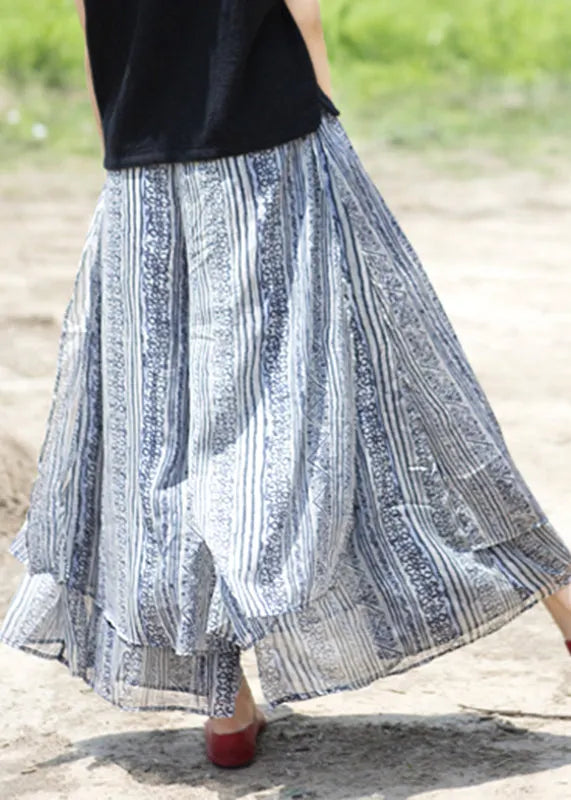 Blue Pockets Print Silk Wide Leg Pants Skirt Summer