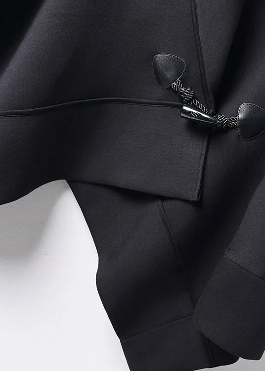 Organic Black Peter Pan Collar Button Cotton Trench Coats Batwing Sleeve