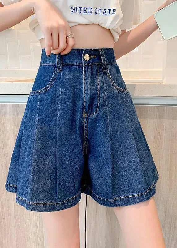 Navy Pockets Denim Cotton Loose Pleated Shorts Summer