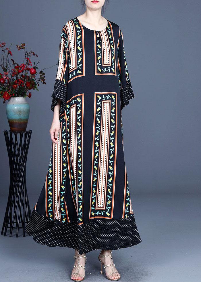 Modern Black Print Summer Silk Long Dresses Long Sleeve