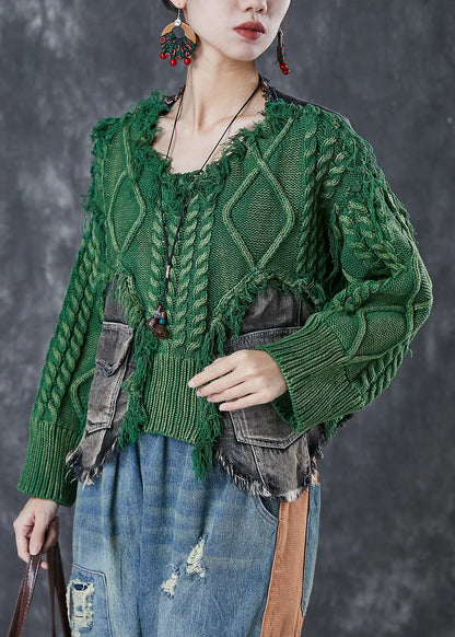 Green Patchwork Denim Knit Sweater Tops Oversized Pockets Winter
