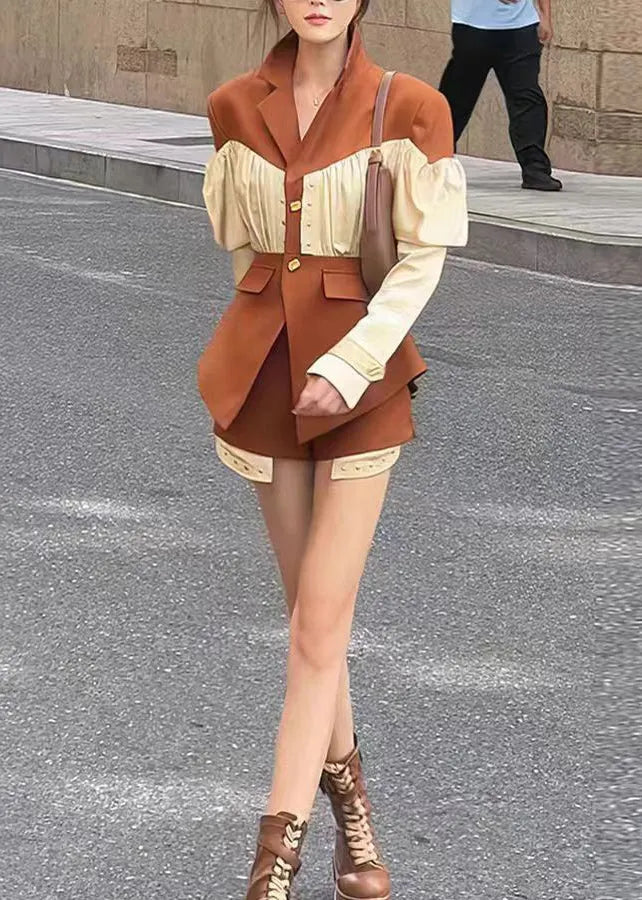 French Coffee Wrinkled Patchwork Coat and Shorts Two Pieces Spring