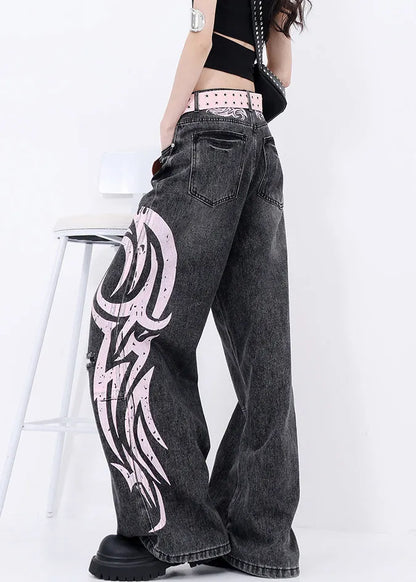 Boutique Black Graffiti Pockets Denim Wide Leg Pants Fall