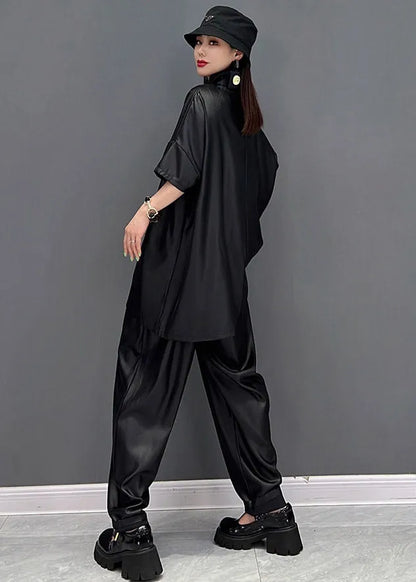 Black Peter Pan Collar T Shirt and Beam Pants Two Pieces Set Summer