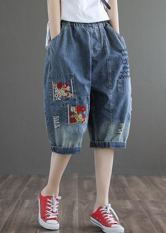Denim Blue Hole Embroideried Pockets Cotton Harem Pants Summer