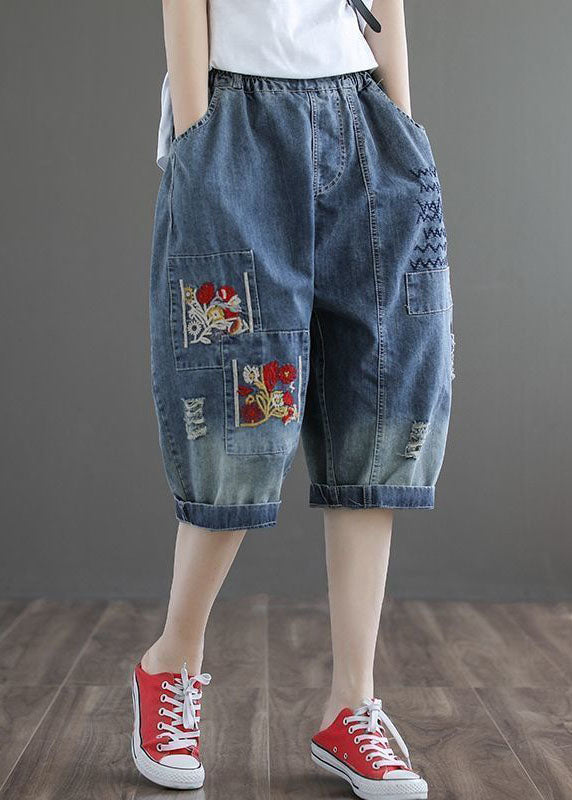 Denim Blue Hole Embroideried Pockets Cotton Harem Pants Summer