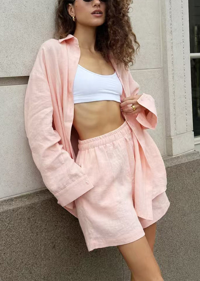 Pink Elastic Waist Cotton Two Pieces Set Peter Pan Collar Button