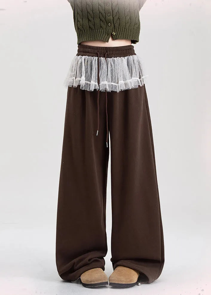 Brown Oversized Patchwork Lace Warm Fleece Pants Spring