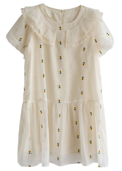 Italian White O-neck Embroideried Tulle Vacation Dresses Short Sleeve
