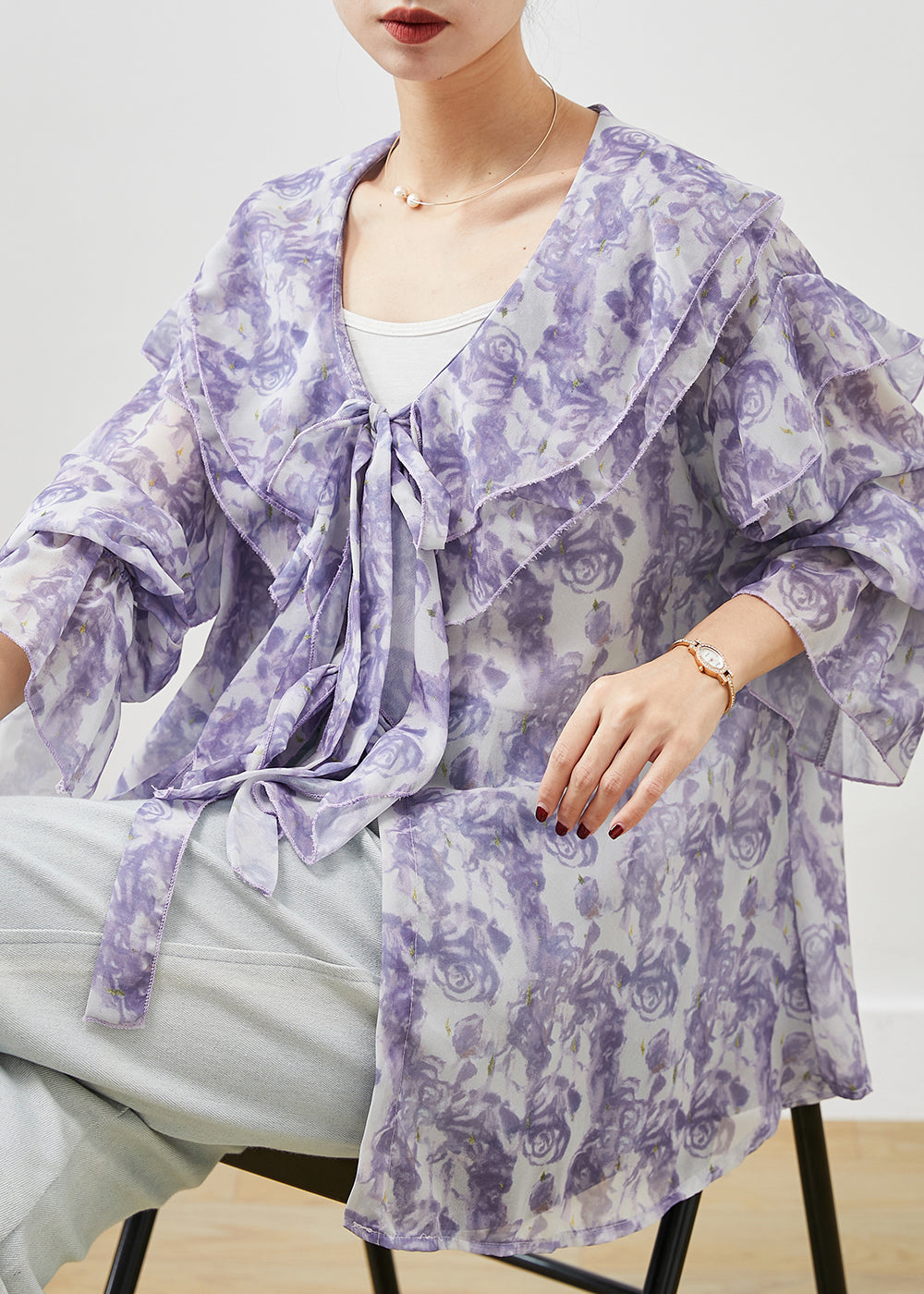 Unique Purple Rose Ruffles Chiffon Shirt Top Spring