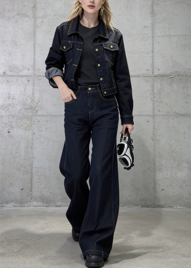 New Blue Peter Pan Collar Coat Pants Denim Two Pieces Set Spring