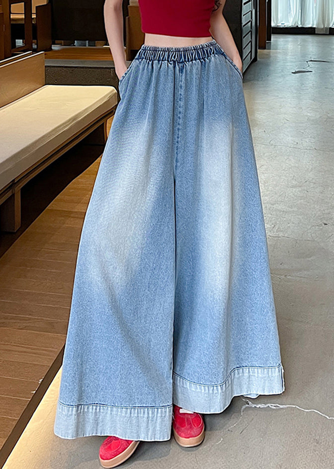 Blue Elastic Waist Pockets Wide Leg Jeans
