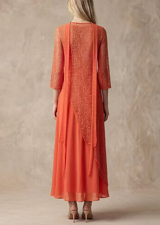Orange Asymmetrical Lace Long Smock and Chiffon Dress 2 Piece Outfit Summer