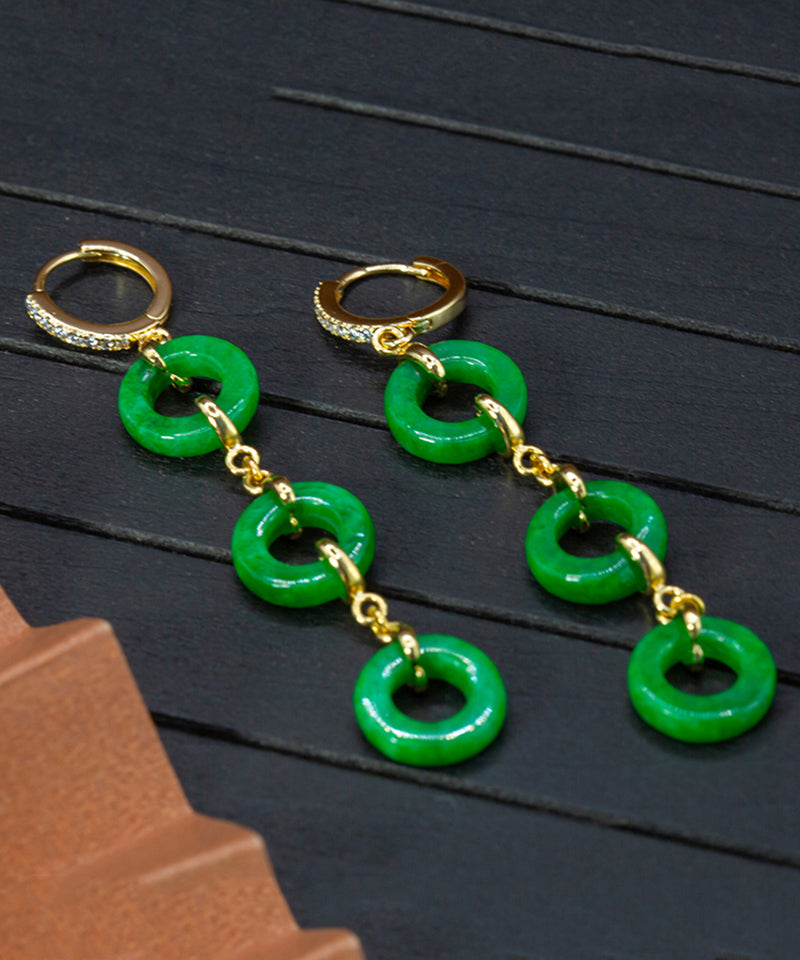 Green Sterling Silver Overgild Jade Circle Drop Earrings