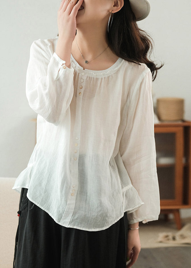 White Patchwork Ruffles Linen Shirt Top Three Quarter Sleeve