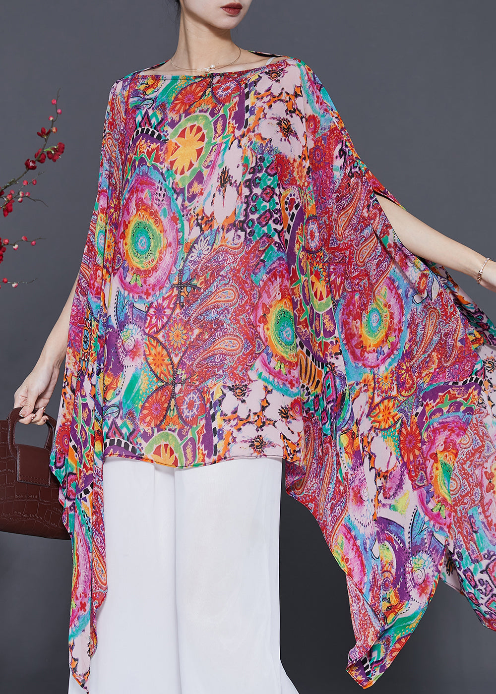 Red Asymmetrical Print Chiffon Shirt Tops Summer