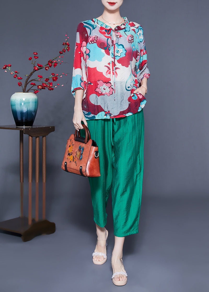 Ruffled Collar Print Cotton Linen Two Piece Set Clothing Spring