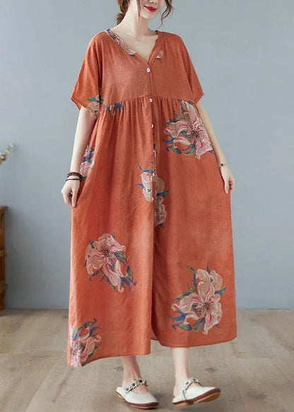 Orange Red V Neck Patchwork Summer Ankle Dress Half Sleeve