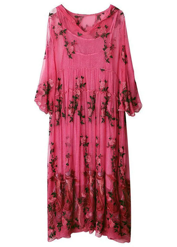 Stylish Rose V Neck Embroideried Hooded Silk Two Pieces Set Dresses Summer