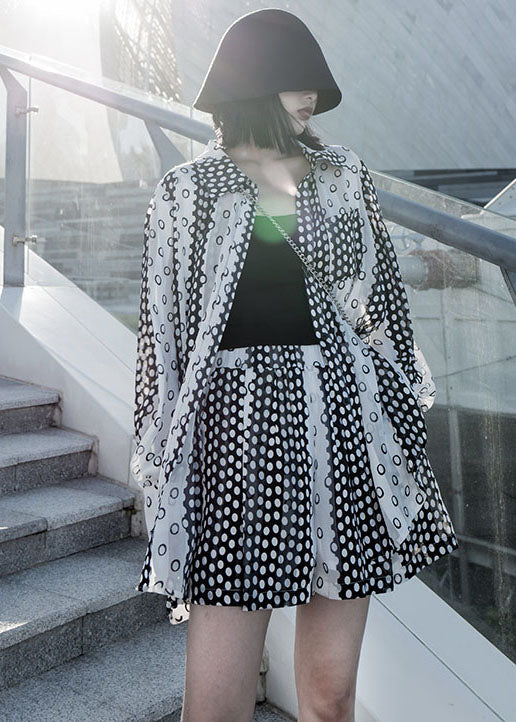 Stylish Black Peter Pan Collar Dot Print Chiffon Long Shirts and Shorts Two Piece Set Short Sleeve