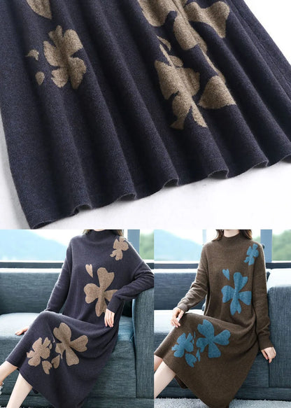 Diy Purple Stand Collar Embroideried Knit Cashmere Sweater Dress Long Sleeve
