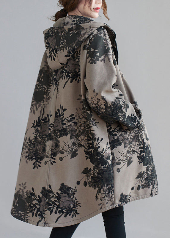 Charcoal Grey Hooded Print Pockets Patchwork Thick Coats Fall