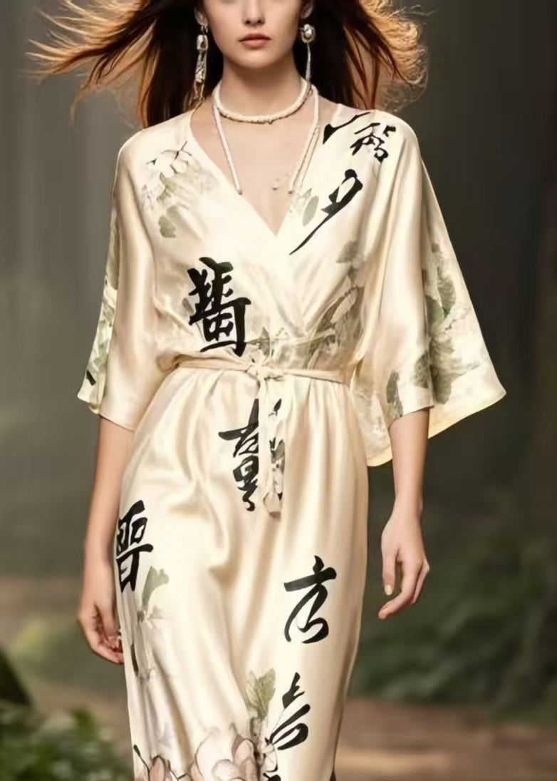 Apricot V Neck Print Draping Silk Long Dress Summer