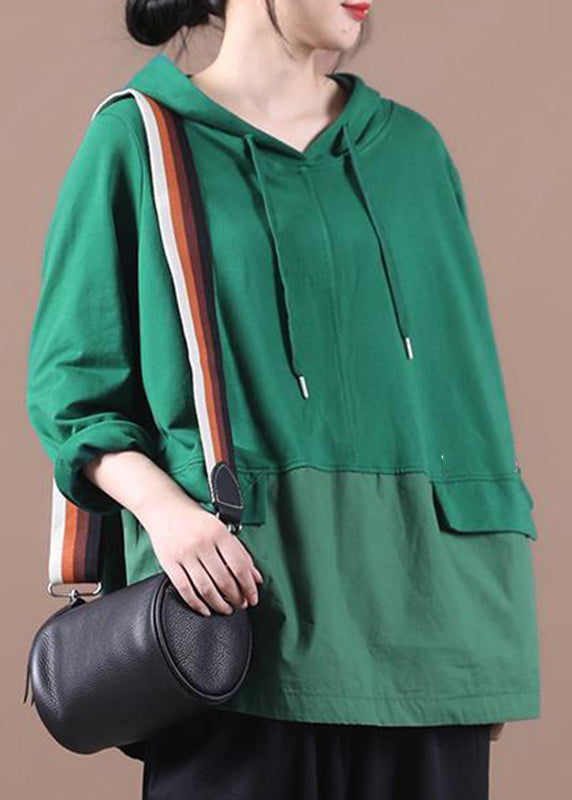 Green Patchwork Drawstring Hooded Sweatshirts Long Sleeve