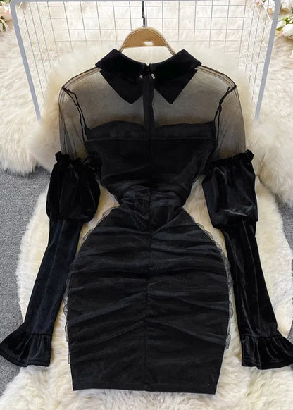 Black Peter Pan Collar Tulle Patchwork Bow Velour Hip Dress Long Sleeve