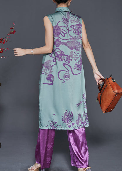 Green Mandarin Collar Oriental Silk Two Pieces Set Sleeveless