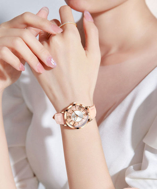 Novelty Pink Leather Zircon Quartz Movement Fully Automatic Machinery Watches