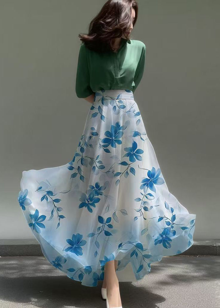 Gradient Blue Print Chiffon Beach Skirts Summer