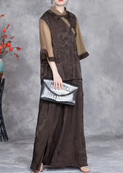 French Coffee Chinese Button Tops and Skirts Silk Two Pieces Set Summer