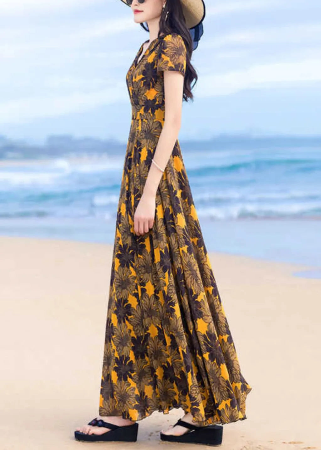 Classy Yellow V Neck Print Wrinkled Chiffon Dress Summer