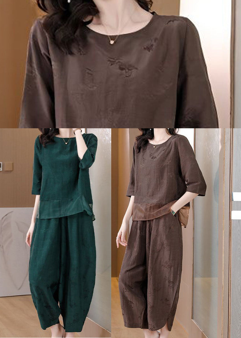 Brown Patchwork Linen Two-piece Set Oversized Jacquard Spring