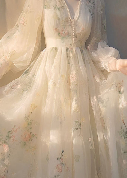 Beige V Neck High Waist Tulle Maxi Dresses Long Sleeve