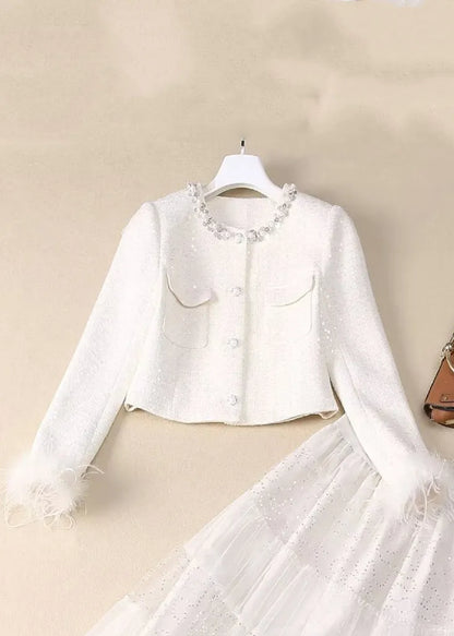 White Sequins Nail Bead Coats and Tulle Maxi Skirt Two Pieces Set Spring