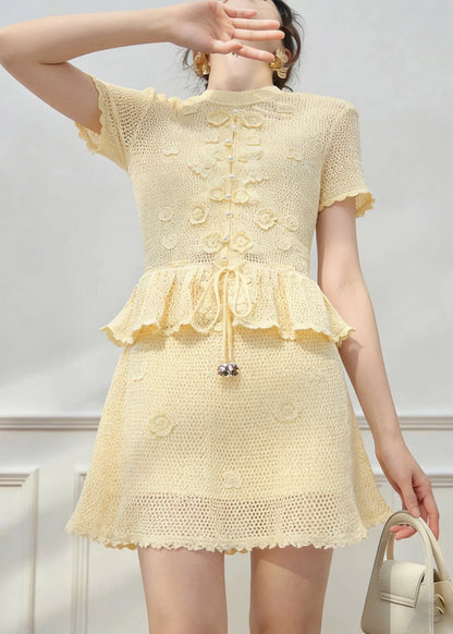 Organic Yellow Tie Waist Knit Top and Skirts Two Pieces Set Short Sleeve