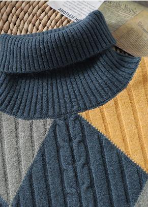 For Work Gray Blue Plaid Sweater Tops High Neck Oversized Sweaters