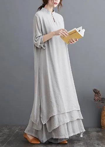 Spring Gray Medium Length Dress Wide Leg Pants Two Piece Set