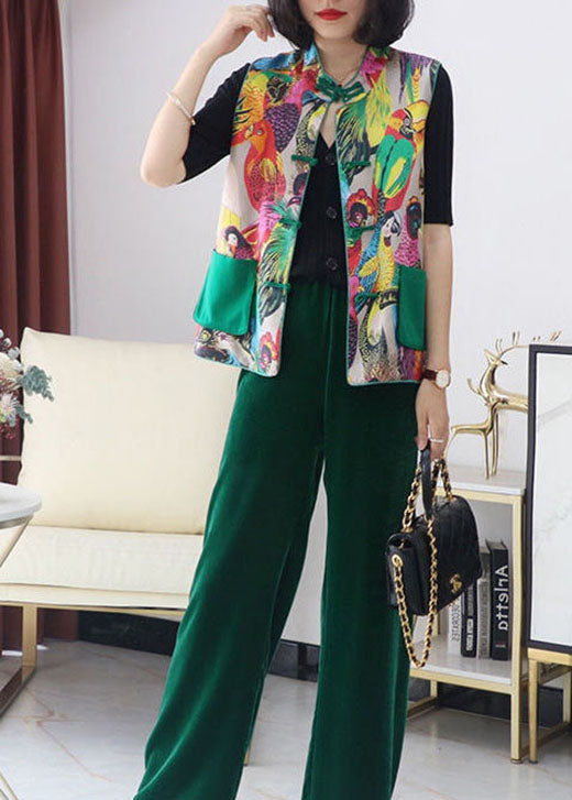 Retro Print Pockets Button Fall Sleeveless Vest