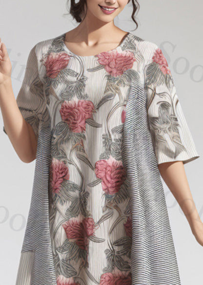 New Beige Asymmetrical Print Cotton Long Dress Summer